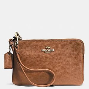 🐴 Coach Saddle Tan Brown Cross-grain Leather Corner Zip Wristlet Pouch Bag